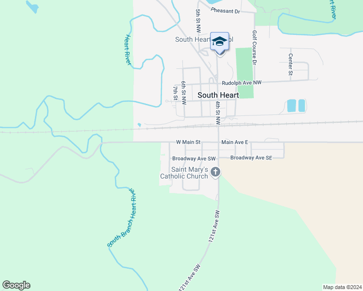 map of restaurants, bars, coffee shops, grocery stores, and more near 101 6th Street Southwest in South Heart