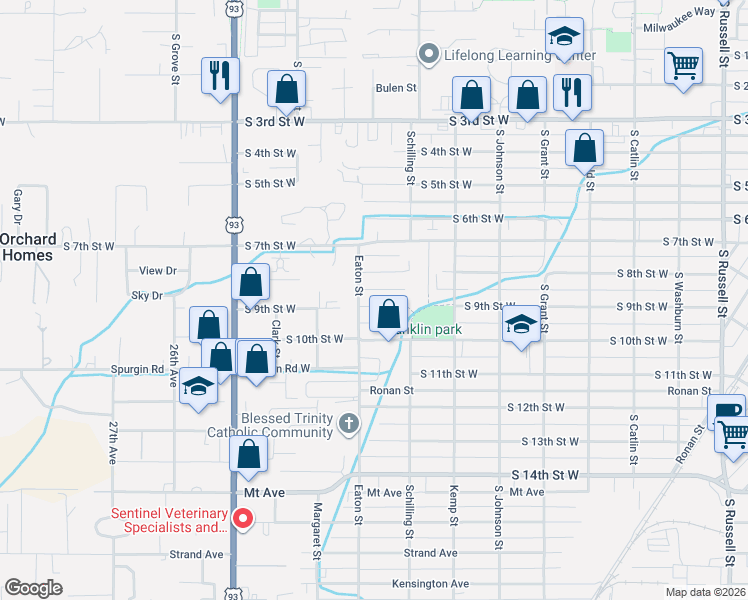 map of restaurants, bars, coffee shops, grocery stores, and more near 2218-2224 South 9th Street West in Missoula