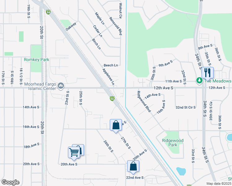 map of restaurants, bars, coffee shops, grocery stores, and more near 2615 12th Avenue South in Moorhead