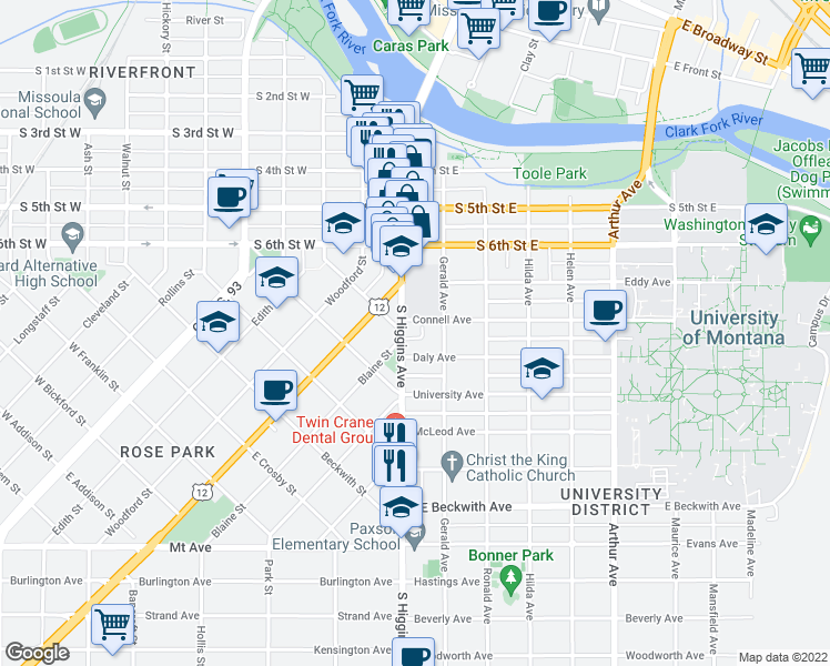 map of restaurants, bars, coffee shops, grocery stores, and more near 105 Connell Ave in Missoula