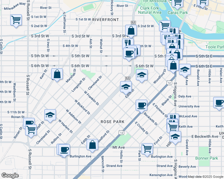 map of restaurants, bars, coffee shops, grocery stores, and more near 519 Stephens Avenue in Missoula