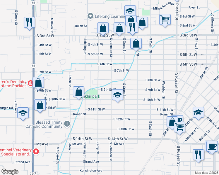 map of restaurants, bars, coffee shops, grocery stores, and more near 2004 South 9th Street West in Missoula
