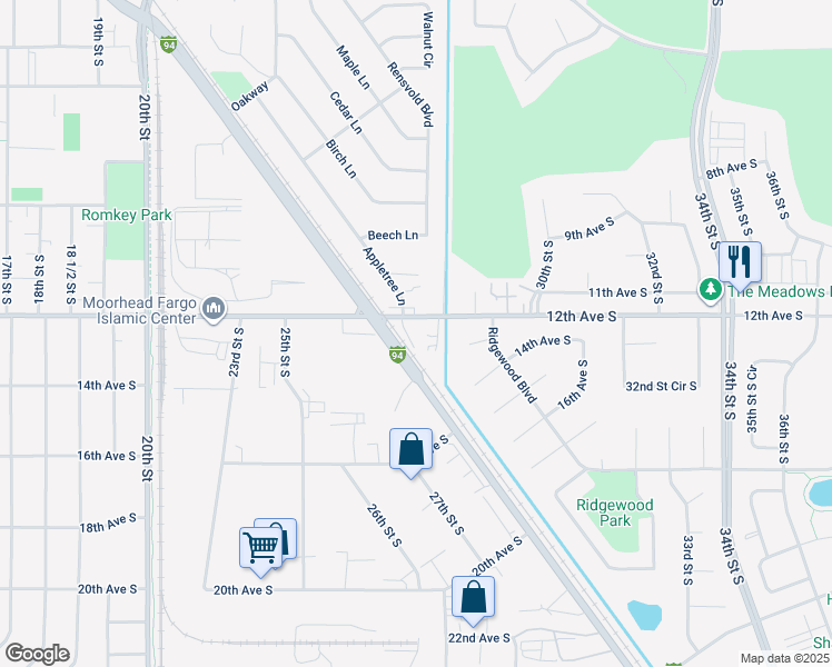 map of restaurants, bars, coffee shops, grocery stores, and more near 2615 12th Avenue South in Moorhead