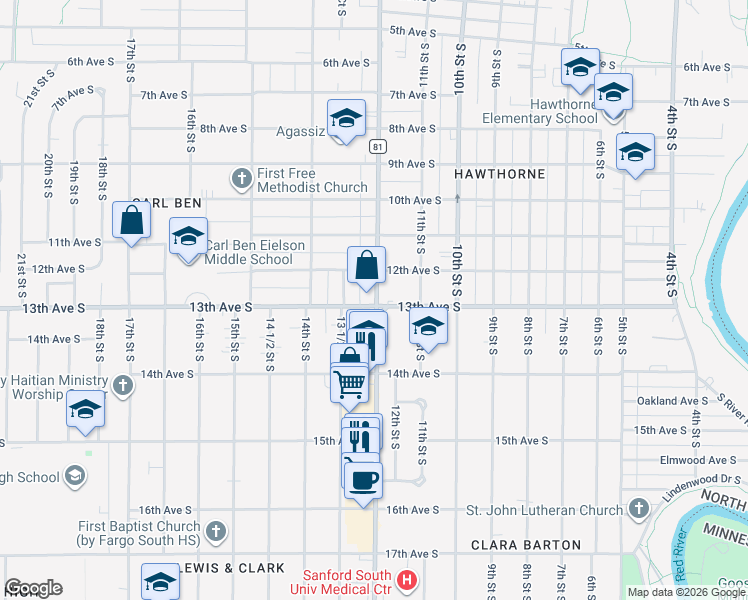 map of restaurants, bars, coffee shops, grocery stores, and more near 1298 13th Avenue South in Fargo