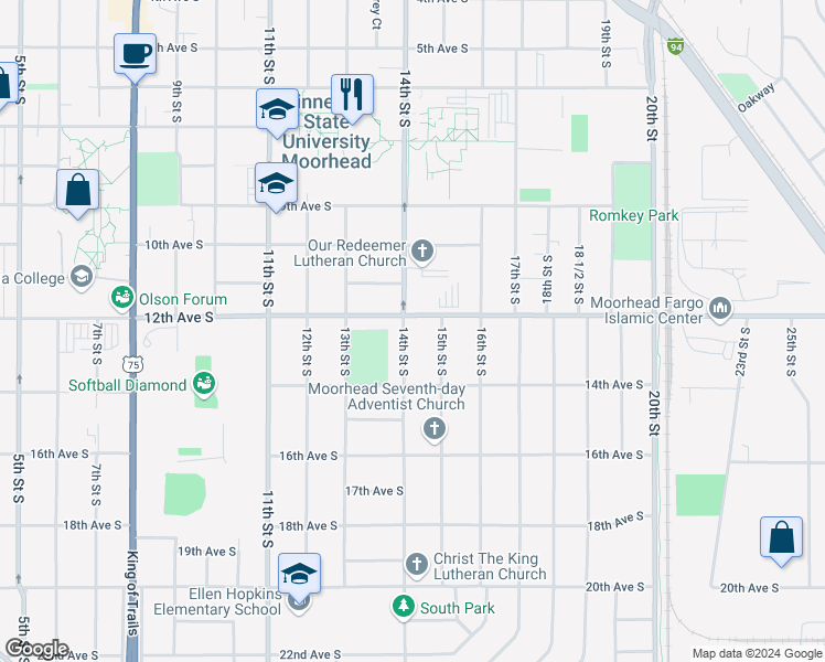 map of restaurants, bars, coffee shops, grocery stores, and more near 1210 14th Street South in Moorhead