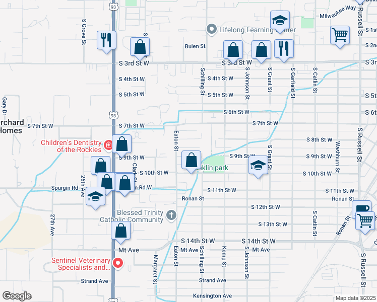 map of restaurants, bars, coffee shops, grocery stores, and more near 2224 South 9th Street West in Missoula