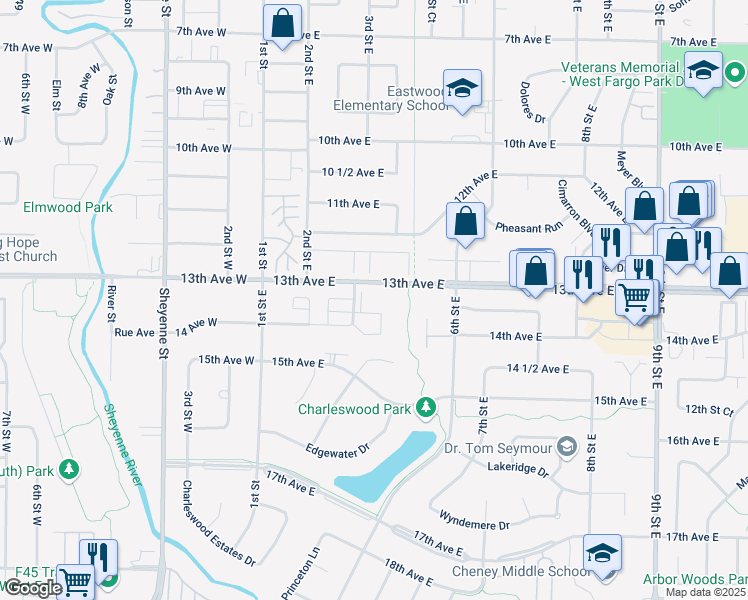 map of restaurants, bars, coffee shops, grocery stores, and more near 1315 3 Rd St E in West Fargo