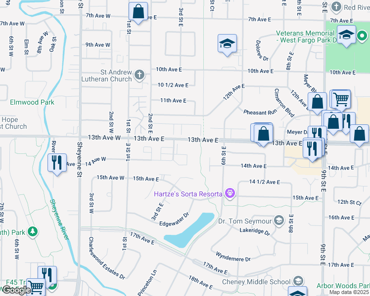 map of restaurants, bars, coffee shops, grocery stores, and more near 1315 3rd Street East in West Fargo