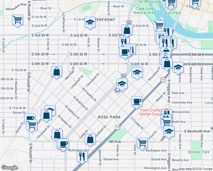 map of restaurants, bars, coffee shops, grocery stores, and more near 546 Rollins Street in Missoula