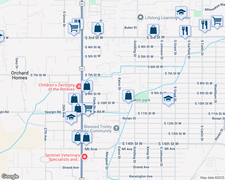 map of restaurants, bars, coffee shops, grocery stores, and more near 1105 Eaton Street in Missoula