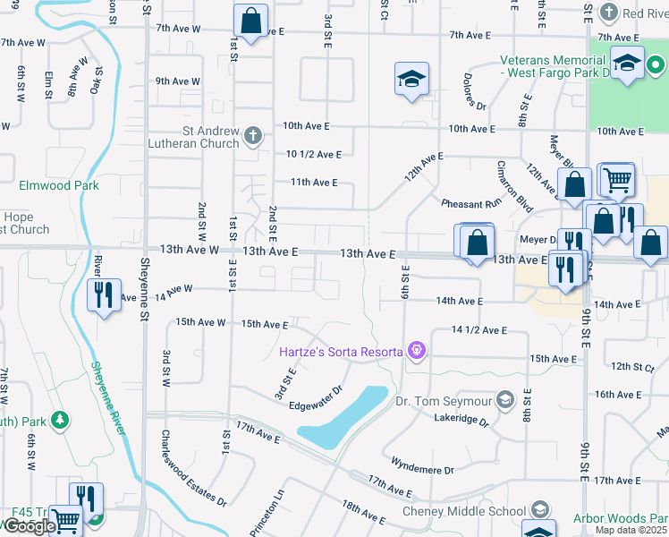 map of restaurants, bars, coffee shops, grocery stores, and more near 1315 3rd Street East in West Fargo