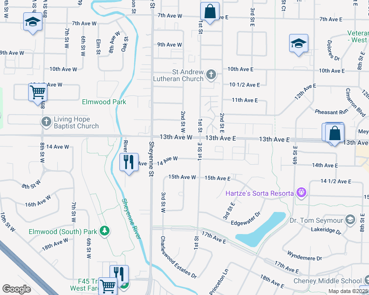 map of restaurants, bars, coffee shops, grocery stores, and more near 225 13th Avenue West in West Fargo