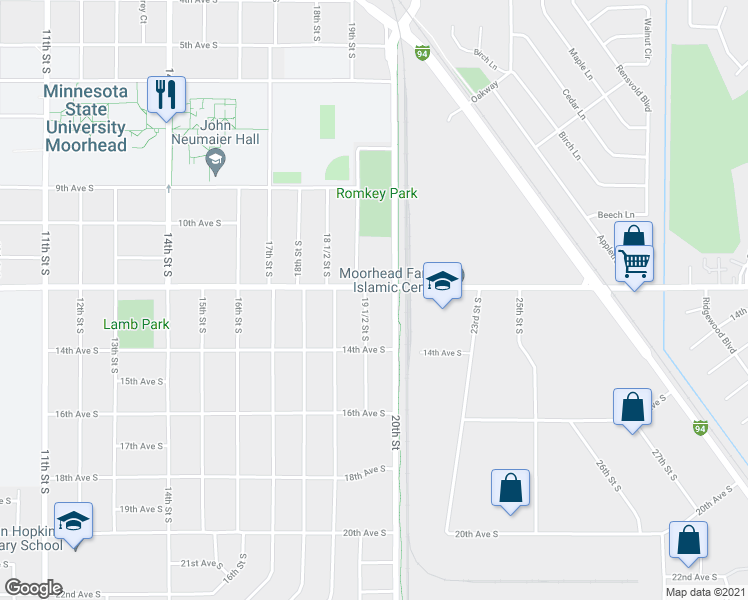 map of restaurants, bars, coffee shops, grocery stores, and more near 1210 19 1/2 Street South in Moorhead