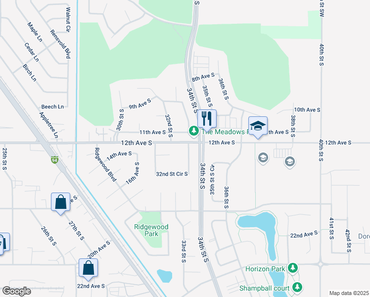 map of restaurants, bars, coffee shops, grocery stores, and more near 1203 34th Street Circle South in Moorhead