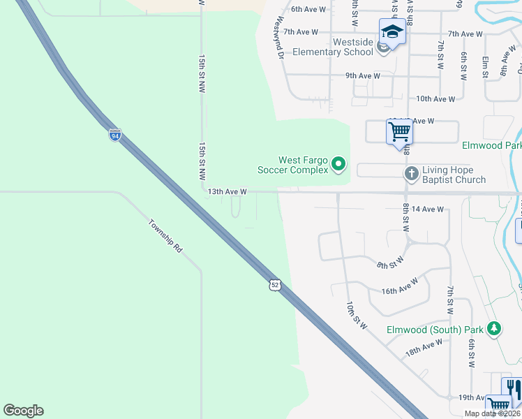 map of restaurants, bars, coffee shops, grocery stores, and more near 1251 13th Avenue West in West Fargo