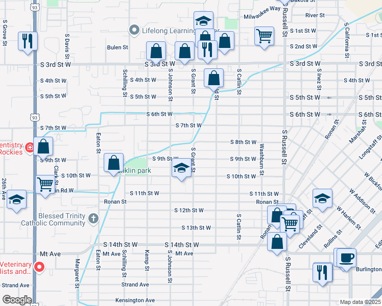 map of restaurants, bars, coffee shops, grocery stores, and more near 1930 South 9th Street West in Missoula