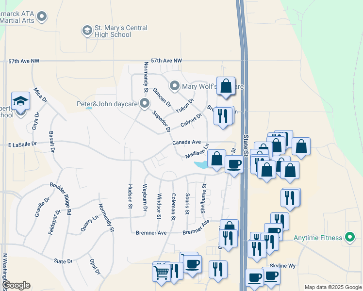 map of restaurants, bars, coffee shops, grocery stores, and more near 1005 Canada Avenue in Bismarck