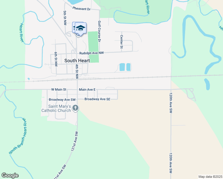 map of restaurants, bars, coffee shops, grocery stores, and more near 104 West Broadway Street in South Heart