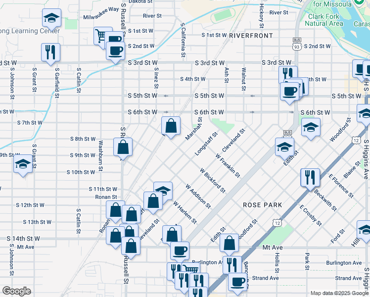 map of restaurants, bars, coffee shops, grocery stores, and more near 800 Marshall Street in Missoula