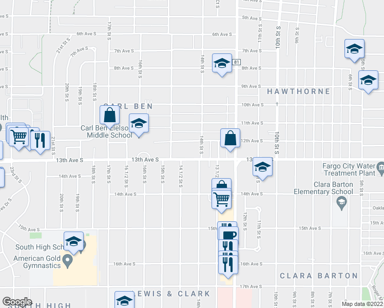 map of restaurants, bars, coffee shops, grocery stores, and more near 1422 13th Avenue South in Fargo