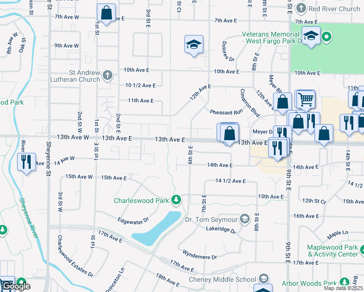 map of restaurants, bars, coffee shops, grocery stores, and more near 1336 6th Street East in West Fargo