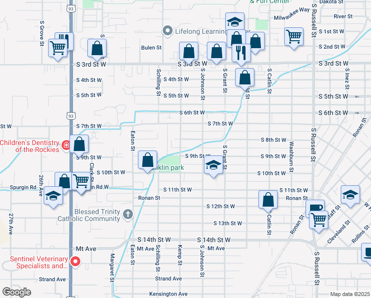 map of restaurants, bars, coffee shops, grocery stores, and more near 2026 South 9th Street West in Missoula