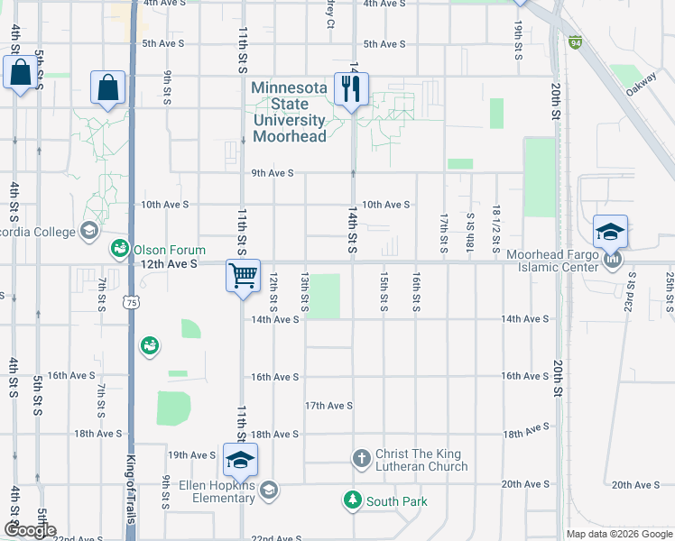 map of restaurants, bars, coffee shops, grocery stores, and more near 1325 14th Avenue South in Moorhead