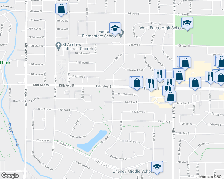 map of restaurants, bars, coffee shops, grocery stores, and more near 1314 6th Street East in West Fargo