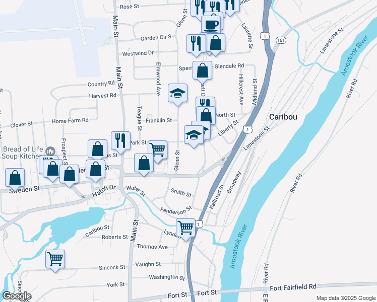 map of restaurants, bars, coffee shops, grocery stores, and more near 21 Glenn Street in Caribou