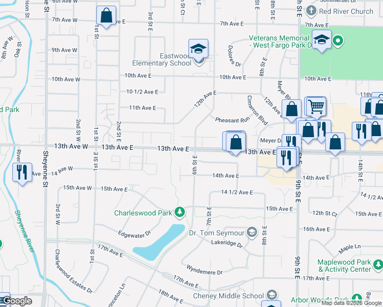 map of restaurants, bars, coffee shops, grocery stores, and more near 1336 6th Street East in West Fargo