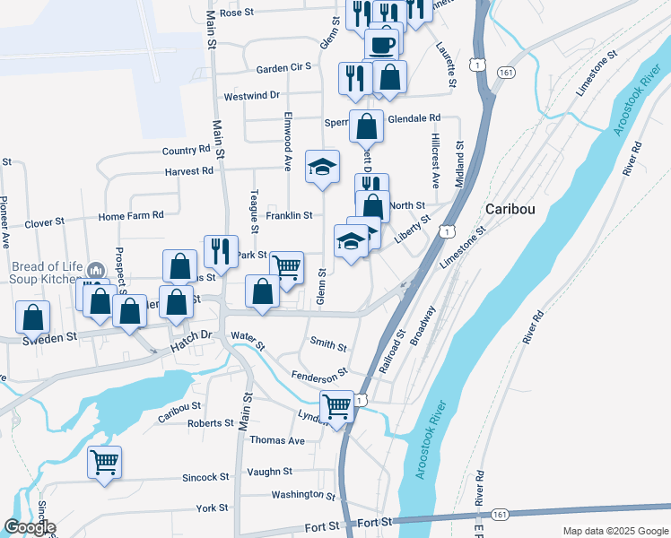 map of restaurants, bars, coffee shops, grocery stores, and more near 21 Glenn Street in Caribou
