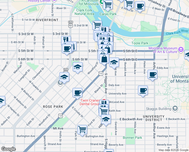map of restaurants, bars, coffee shops, grocery stores, and more near 327 Tremont St in Missoula