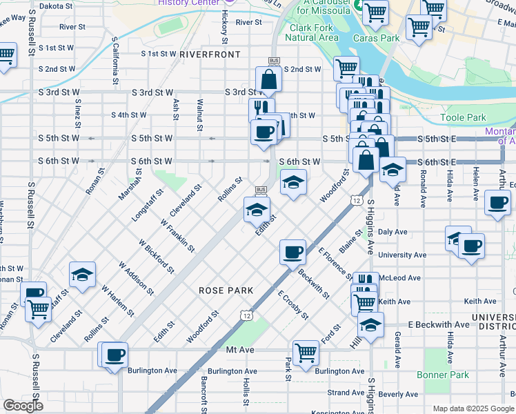 map of restaurants, bars, coffee shops, grocery stores, and more near 445 Edith Street in Missoula