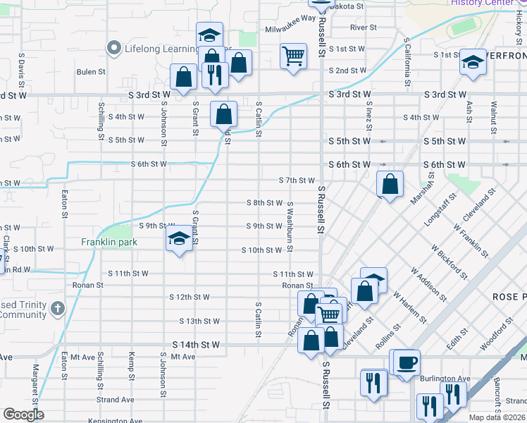 map of restaurants, bars, coffee shops, grocery stores, and more near 1704 South 9th Street West in Missoula