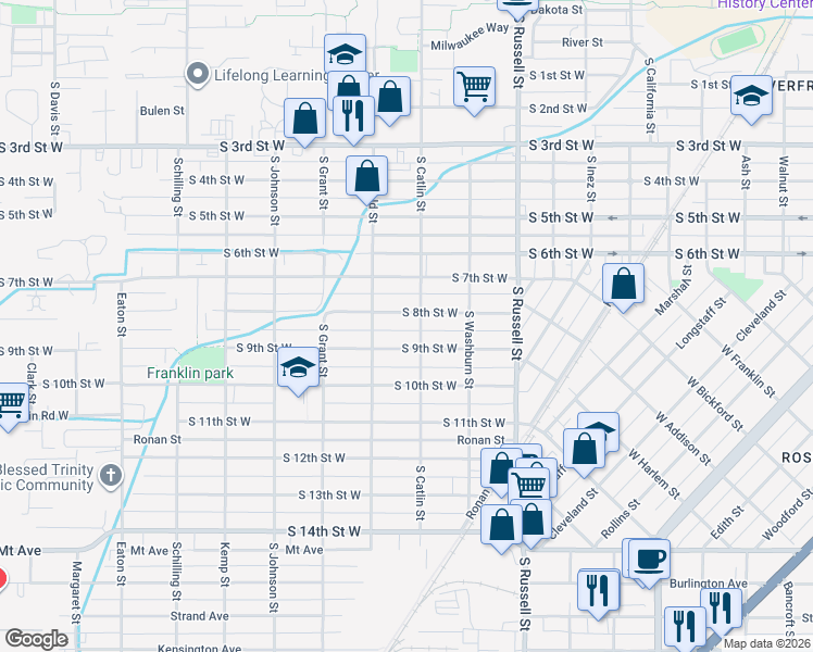 map of restaurants, bars, coffee shops, grocery stores, and more near 1704 South 9th Street West in Missoula