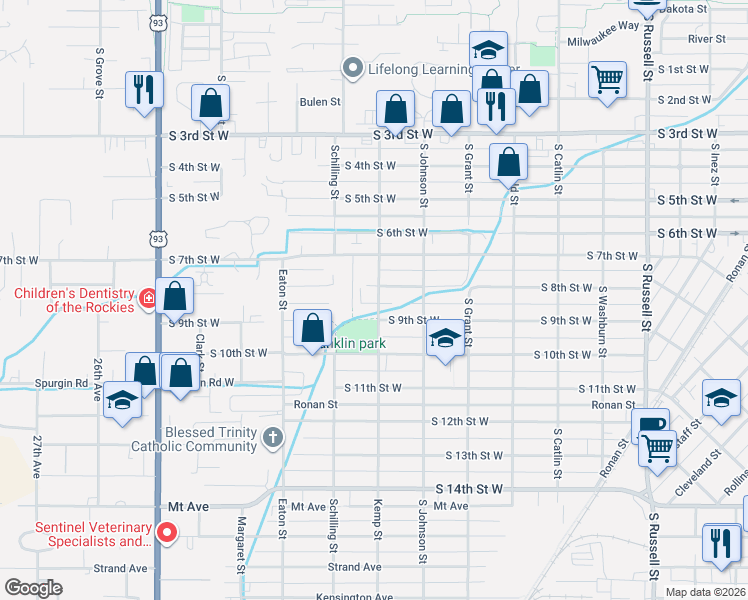 map of restaurants, bars, coffee shops, grocery stores, and more near 2045 South 9th Street West in Missoula