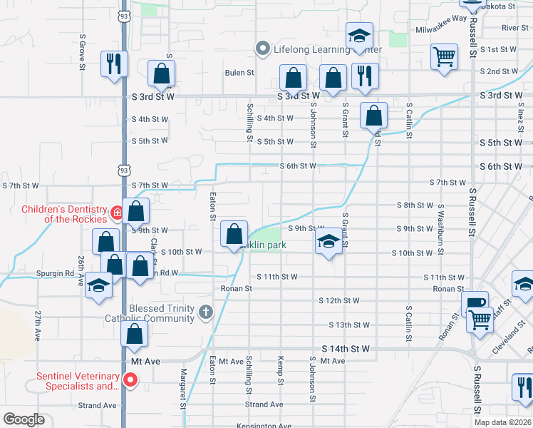 map of restaurants, bars, coffee shops, grocery stores, and more near 1099 Lynn Lane in Missoula