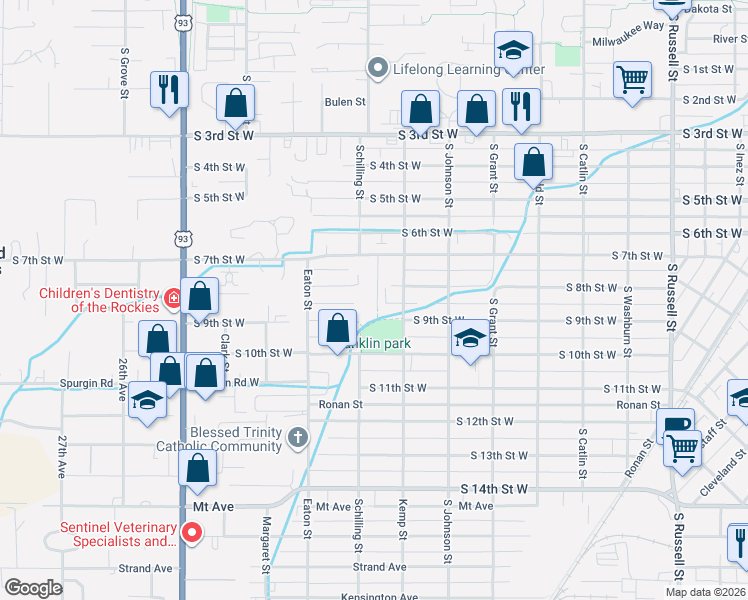 map of restaurants, bars, coffee shops, grocery stores, and more near 1099 Lynn Lane in Missoula