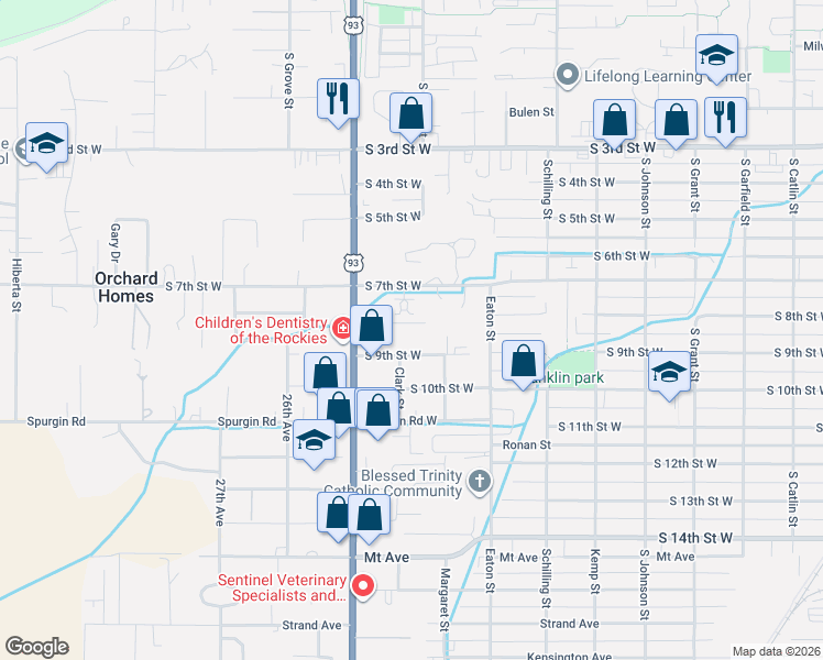 map of restaurants, bars, coffee shops, grocery stores, and more near 2412 South 9th Street West in Missoula