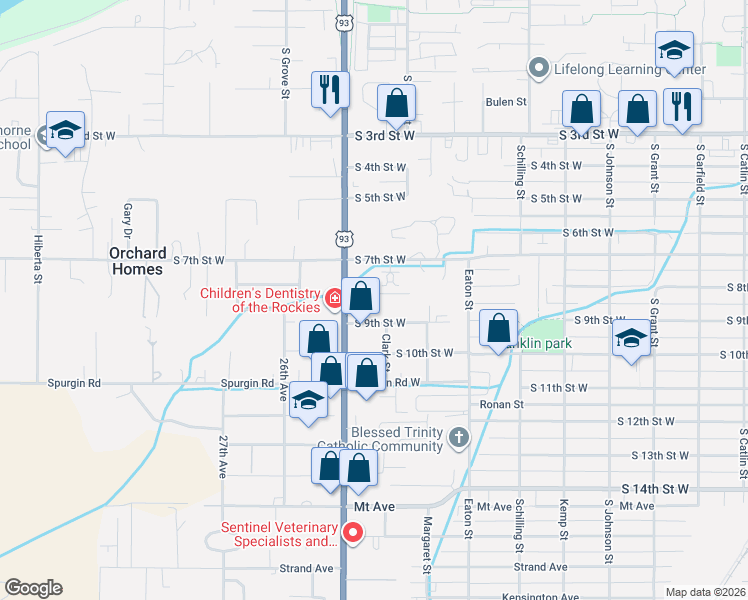 map of restaurants, bars, coffee shops, grocery stores, and more near 2450-2498 South 9th Street West in Missoula