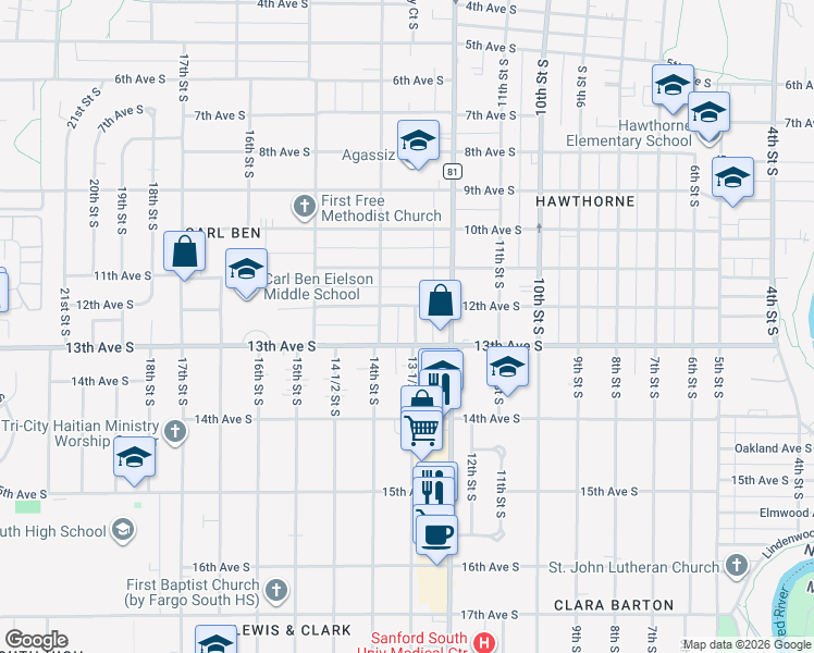 map of restaurants, bars, coffee shops, grocery stores, and more near 1304 13th Avenue South in Fargo