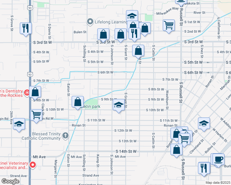 map of restaurants, bars, coffee shops, grocery stores, and more near 1930 South 9th Street West in Missoula