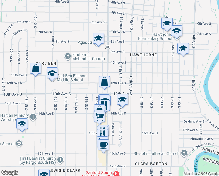 map of restaurants, bars, coffee shops, grocery stores, and more near 1234-1298 13th Ave S in Fargo