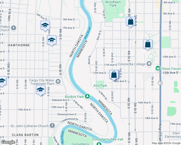 map of restaurants, bars, coffee shops, grocery stores, and more near 1517 River Drive South in Moorhead