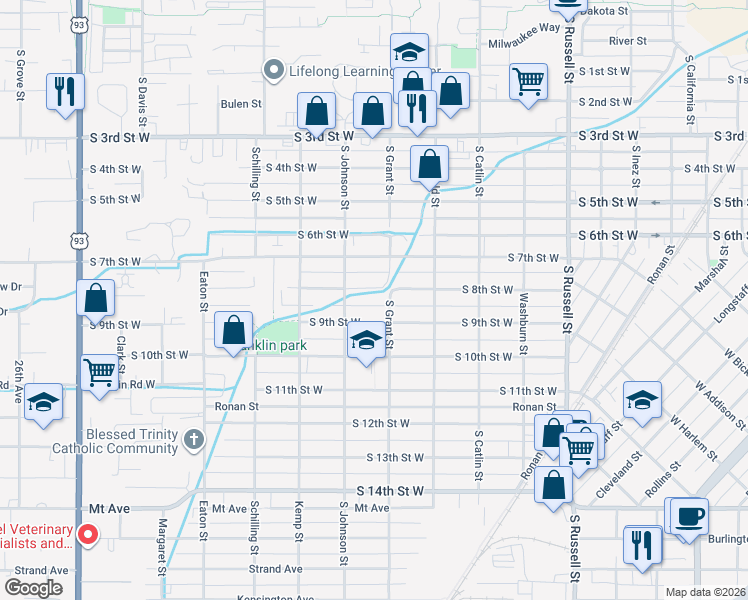 map of restaurants, bars, coffee shops, grocery stores, and more near 1919 South 8th Street West in Missoula