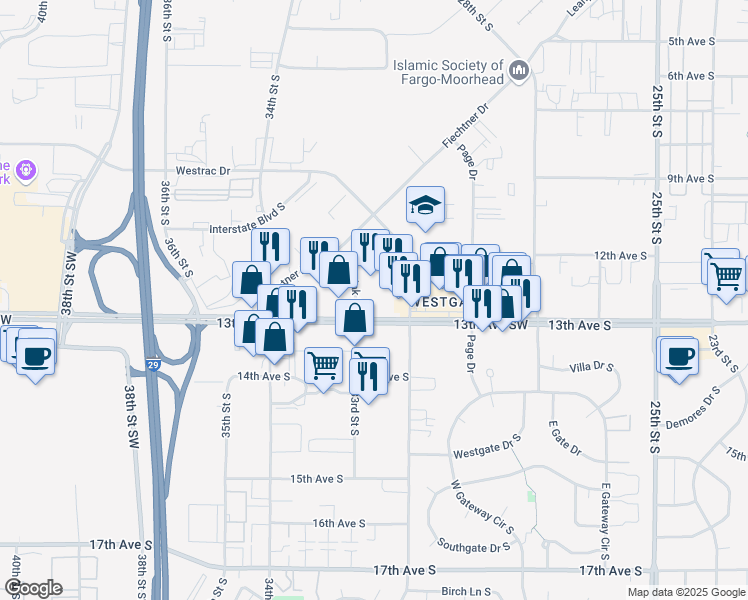 map of restaurants, bars, coffee shops, grocery stores, and more near 3216 13th Avenue Southwest in Fargo