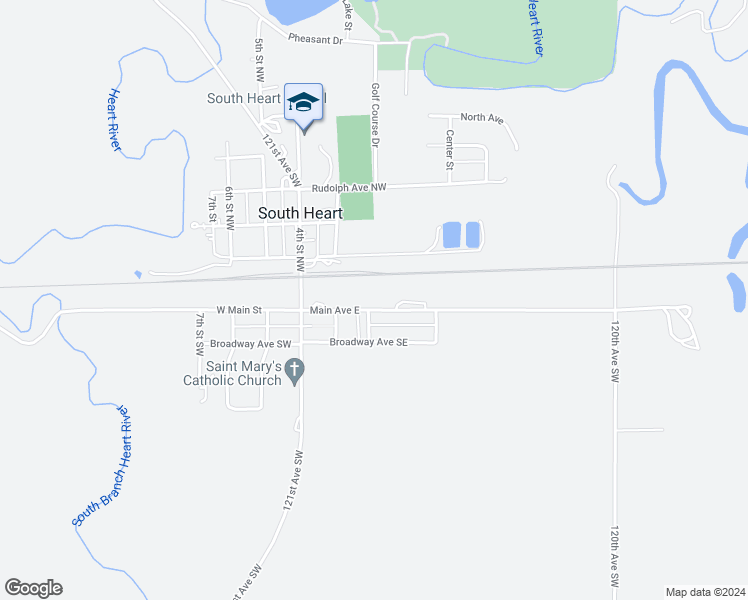map of restaurants, bars, coffee shops, grocery stores, and more near 2nd Street Southwest in South Heart