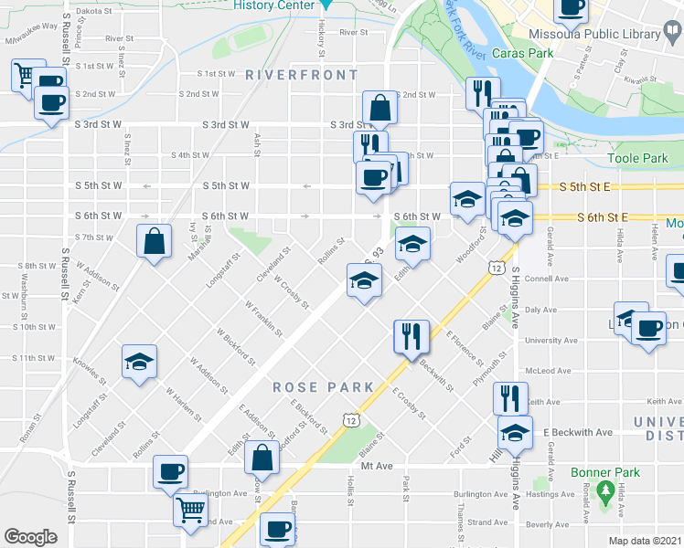 map of restaurants, bars, coffee shops, grocery stores, and more near 519 Stephens Avenue in Missoula