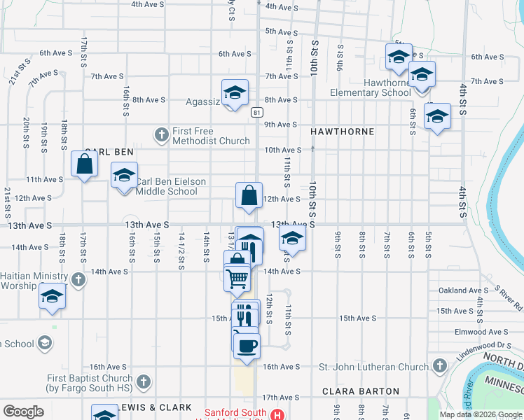 map of restaurants, bars, coffee shops, grocery stores, and more near 1234-1298 13th Ave S in Fargo