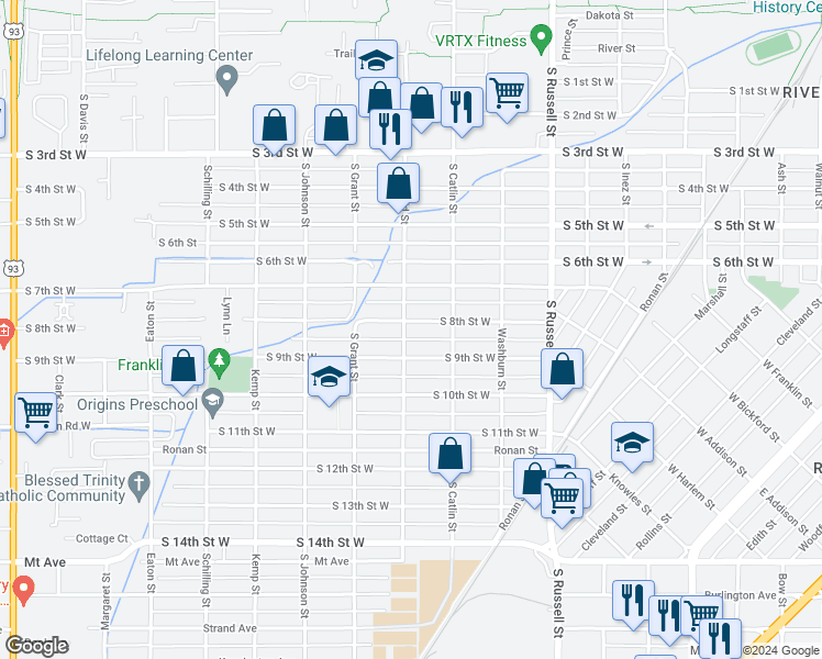 map of restaurants, bars, coffee shops, grocery stores, and more near 1755 South 8th Street West in Missoula